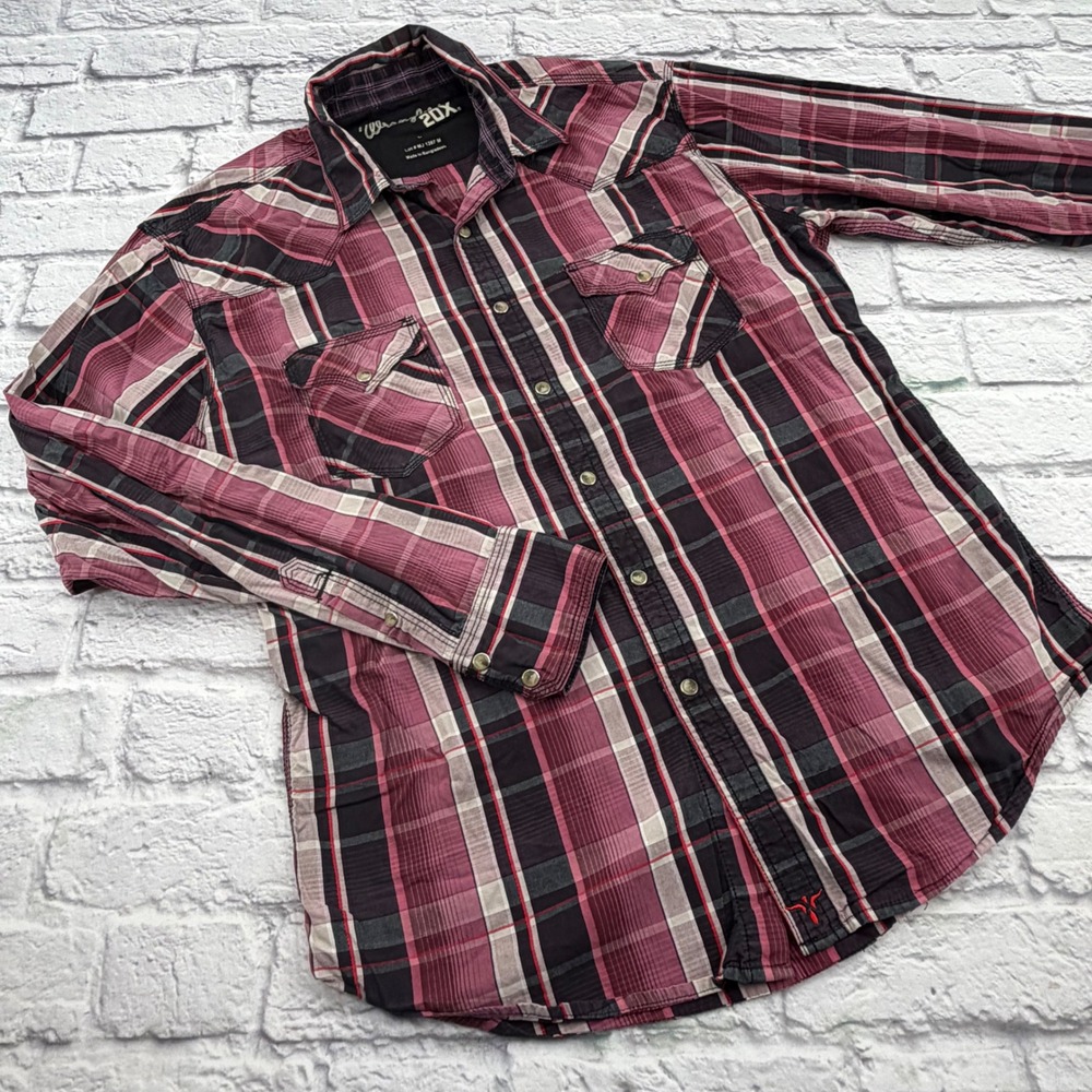 Wrangler 20X Mens Pink Black Plaid Pearl Snap Western Shirt  Large Long Sleeve